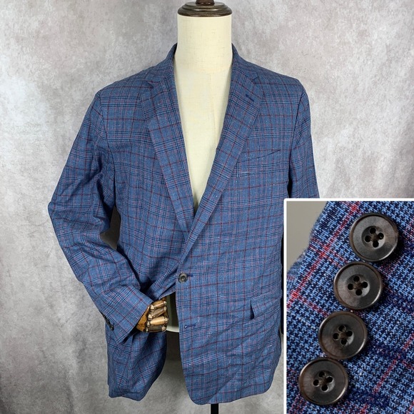Stafford Linen Blazer Jacket Men 50R Blue Windowpane Wool Sport Coat Classic Fit